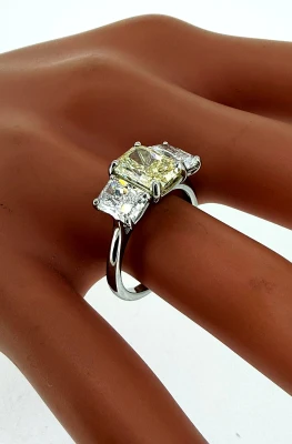 3.77ct Yellow & White Lab Grown Diamond Trilogy Platinum Ring 5.92g