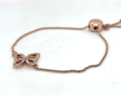 0.30ct Natural Diamond & 14ct Rose Gold Butterfly Bracelet with Slide Clasp 7.5inch 5.8g