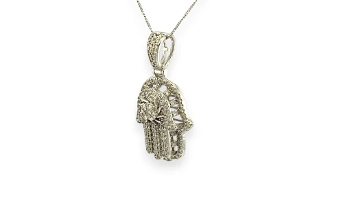 1.22ct Natural Diamond & 9ct White Gold Hamsa Hand Pendant (49.5 x 20.5 x 7.7mm) 7.22g