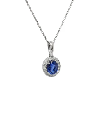 0.93ct Sapphire & 0.14ct Diamond Pendant -9ct White Gold ( 15.2 x 8.0mm) 16/18 Inch 2.04g