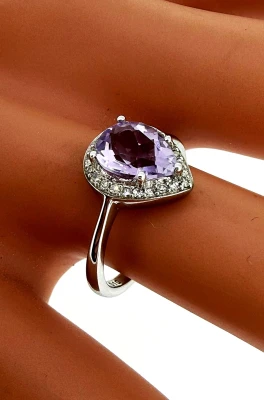 1.00ct Amethyst & 0.10ct Diamond Halo Ring- 9ct White Gold 2.4g