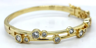 Solid Silver & 18ct Gold plated2 Row Cubic Zirconia Bangle 21.4g 7 Inch