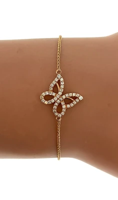 0.30ct Natural Diamond & 14ct Rose Gold Butterfly Bracelet with Slide Clasp 7.5inch 5.8g