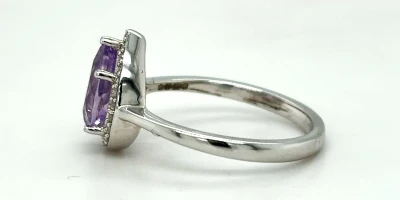 1.00ct Amethyst & 0.10ct Diamond Halo Ring- 9ct White Gold 2.4g
