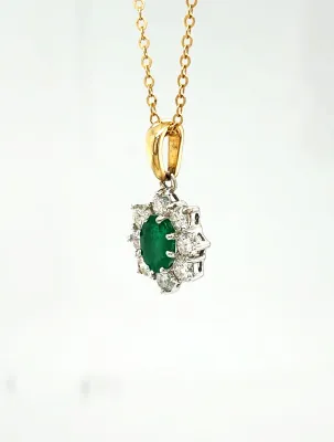 0.60ct Emerald & 0.80ct Diamond Cluster/Halo Pendant- 18ct Gold 3.7g