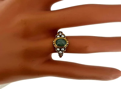 Jade & Seed Pearl Dress Ring -9ct Gold 2.8g