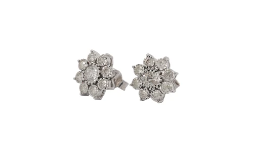 1.00ct Natural Diamond & 9ct White Gold 13mm Illusion Set Flower Stud Earrings 3.8g