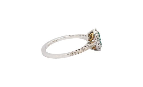 0.25ct Emerald & 0.24ct Diamond Halo Ring- 18ct White Gold 2.56g