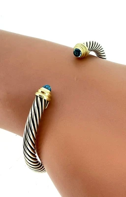 14ct Gold & Silver 6.5mm Topaz Torque Bangle 26.0g 7.5inch