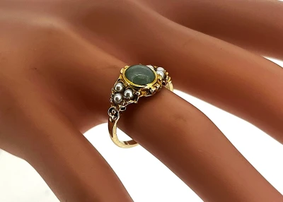 Jade & Seed Pearl Dress Ring -9ct Gold 2.8g