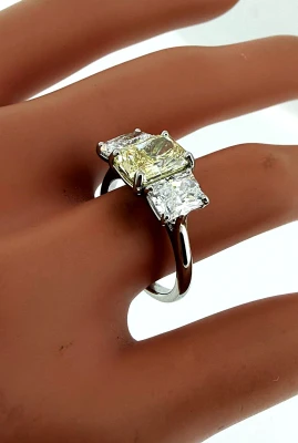 3.77ct Yellow & White Lab Grown Diamond Trilogy Platinum Ring 5.92g