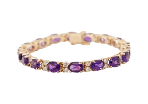 19.80ct Amethyst & Diamond Tennis Bracelet- 14ct Gold 7.5 Inch 15.81g