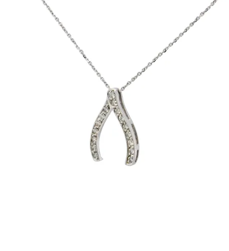 0.16ct Natural Diamond & 9ct White Gold WISHBONE Pendant (17.5 x 11.8mm) 0.84g