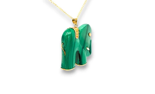Natural Malachite Elephant & 14ct Gold Pendant ( 43.0 x 33.5 mm) 23.7g