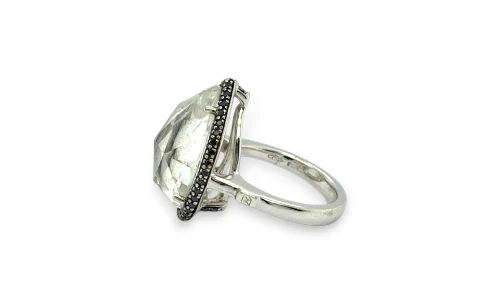 14.50ct White Natural Zircon & Black Diamond Dress Ring- 18ct White Gold 13.18