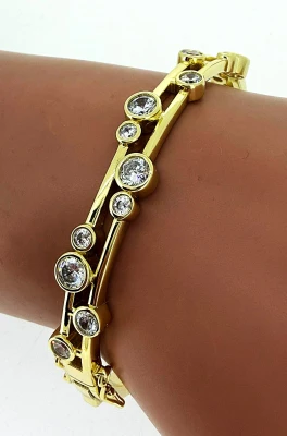 Solid Silver & 18ct Gold plated2 Row Cubic Zirconia Bangle 21.4g 7 Inch