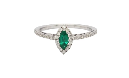 0.25ct Emerald & 0.24ct Diamond Halo Ring- 18ct White Gold 2.56g