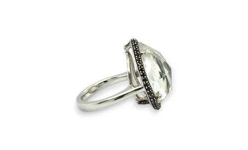 14.50ct White Natural Zircon & Black Diamond Dress Ring- 18ct White Gold 13.18