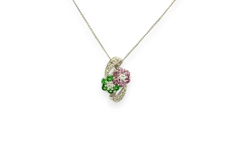 0.90ct Natural Diamond/Pink Sapphire/Emerald Double Flower Pendant-14ct White Gold (18.0 x 11.0mm) 2.06g