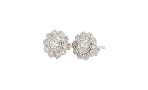 0.68ct Natural Diamond & 18ct White Gold 9.0mm Fancy Halo/Stud Earrings 2.5g