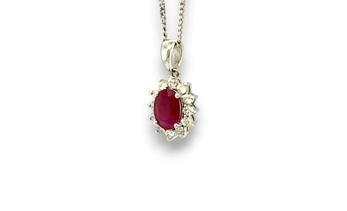 0.92ct Natural Ruby & Diamond (17.5 x 9.5mm) 18ct White Gold Pendant 1.4g