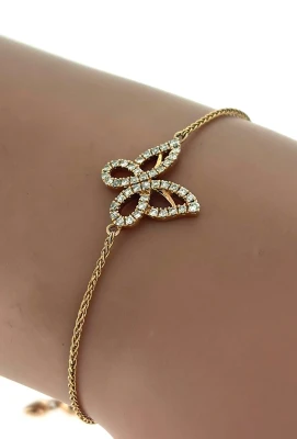 0.30ct Natural Diamond & 14ct Rose Gold Butterfly Bracelet with Slide Clasp 7.5inch 5.8g