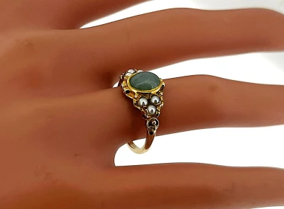 Jade & Seed Pearl Dress Ring -9ct Gold 2.8g