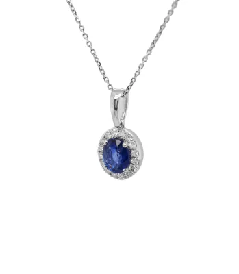 0.93ct Sapphire & 0.14ct Diamond Pendant -9ct White Gold ( 15.2 x 8.0mm) 16/18 Inch 2.04g