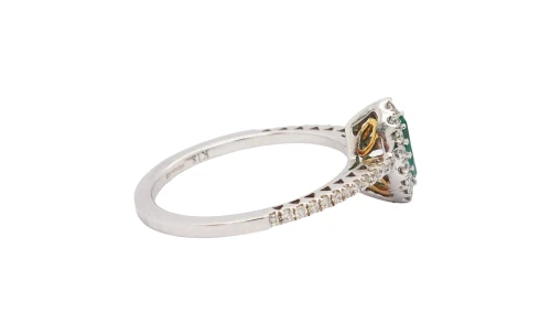 0.25ct Emerald & 0.24ct Diamond Halo Ring- 18ct White Gold 2.56g